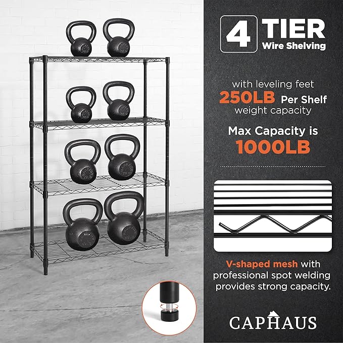 CAPHAUS 4-Tier Adjustable Height Wire Shelving Unit, Wire Rack Shelving, Metal Steel Storage Shelves, Garage Shelving Storage Organizer, Utility Storage Shelf, Without Wheels, Black