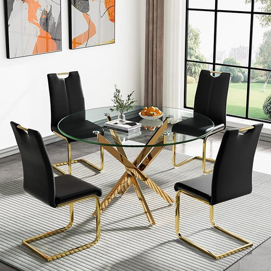 Goujxcy Round Dining Table Set for 4, Modern Glass Kitchen Table and Chairs Set of 4, 5 Piece Dining Room Table Set with 47" Circle Gold Metal Glass Dinner Tables and 4 Black Leather Dining Chairs
