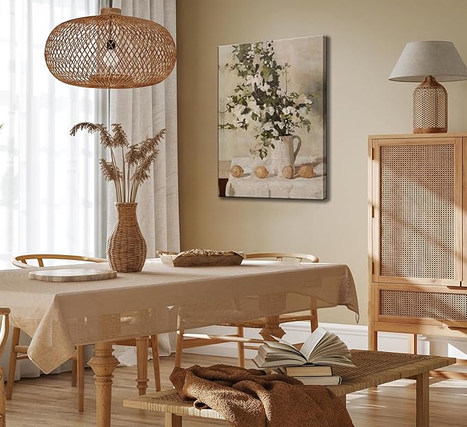 Farmhouse Kitchen Canvas Wall Art Vintage Country Neutral Rustic Muted Flower and Lemon Still Life Painting Picture Wall Decor Poster Print Artwork for Farm Dining Room Home Decoration