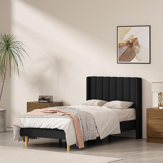 Twin Size Upholstered Platform Bed Frame with Modern Wingback & Vertical Panel Headboard, Linen Fabric, Wooden Legs & Slats Support, No Box Spring Needed, Noise-Free & Easy Assembly, Black
