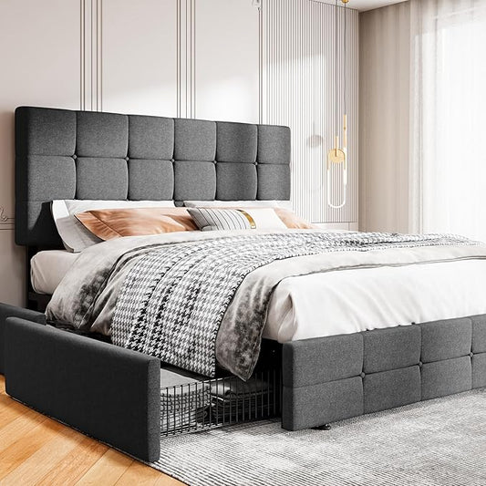 MUTICOR Full Size Bed Frame with 4 Storage Drawers, Upholstered Platform Bed with Button Tufted Adjustable Headboard, No Box Spring Needed, Easy Assembly, Square Tufted, Dark Grey Fabric