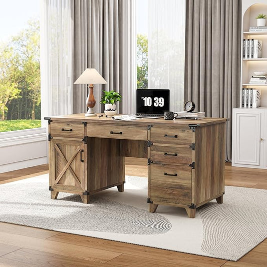 59" Farmhouse Executive Desk with Keyboard Tray,Wooden Computer Desk with Scratch-Resistant Wear-Resistant for Office, 5 Drawers,Home Office Workstation with wFile Cabinet Storage