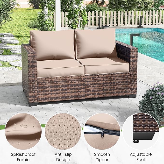 Amopatio Patio Loveseat, Outdoor Furniture 2-Seat Wicker Porch Furniture Outdoor Couch Sofa with Water-Resistant Cover & Non-Slip Cushions, Premium Patio Set, Khaki
