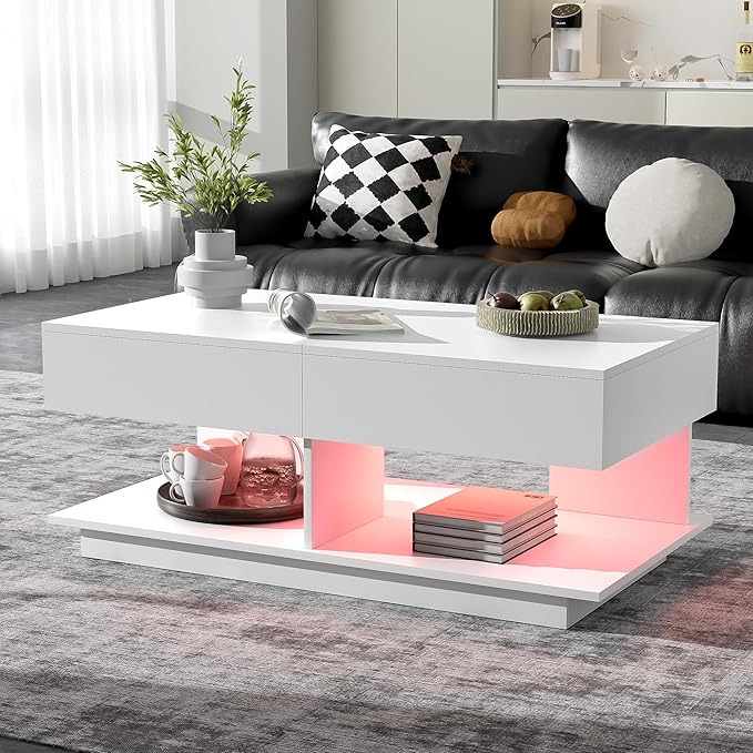 Modern High Gloss LED Coffee Table Center Table with Hidden Storage Space, Extending Top & LED Light for Living Room, White