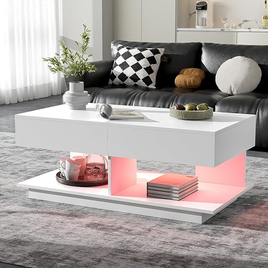 Modern High Gloss LED Coffee Table Center Table with Hidden Storage Space, Extending Top & LED Light for Living Room, White