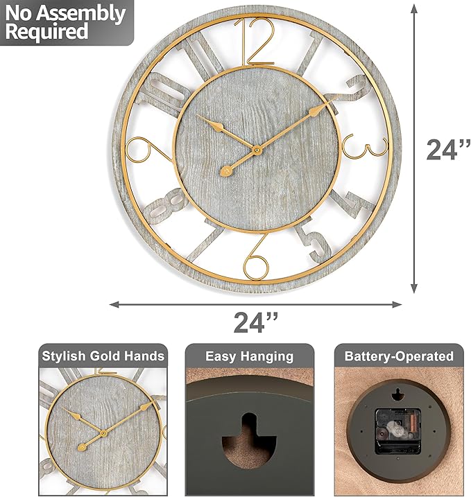 Sorbus 24-Inch Large Wall Clock – Wooden Decorative Clock for Living Room, Kitchen, Bedroom, Office – Easy to Hang Analog Wall Art (Grey)