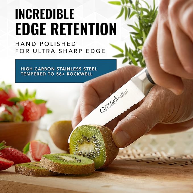 Cutluxe Kitchen Utility Knife – 5" Serrated Ultra Sharp Blade, Ergonomic Handle, Full Tang – Forged High Carbon German Steel – Artisan Series