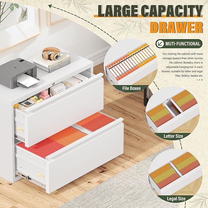 Greenvelly Lateral File Cabinet 2 Drawer, Lockable Metal Filing Cabinet for Home Office, White Metal File Cabinet with Lock for Legal/Letter/A4/F4 Size with Hanging Bars&Key