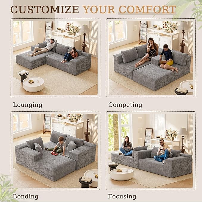 YESHOMY Sectional Couch, 108" Boneless Couches for Living Room, Modular Sectional Sofa with Deep Seat, Cloud Comfy Couch with L-Shape Chaise, No Assembly Required (Chenille, Pearl Gray)