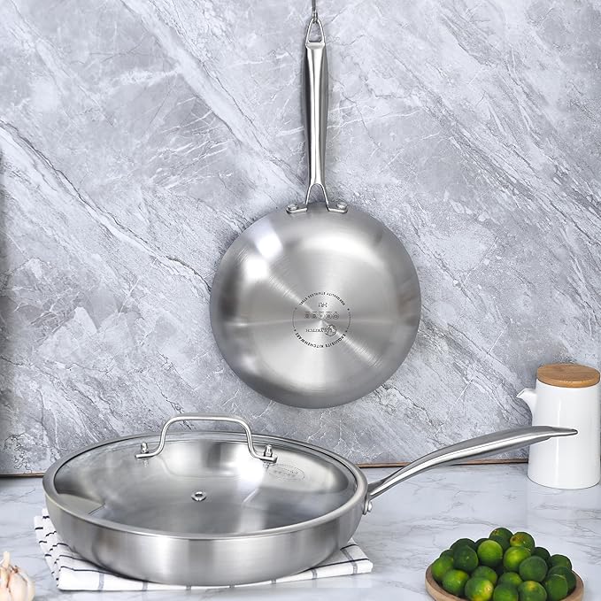 LOLYKITCH 8.5-10 Inch Tri-ply Stainless Steel Frying Pan Set with Lid,Skillets,Induction Cookware,Dishwasher and Oven Safe