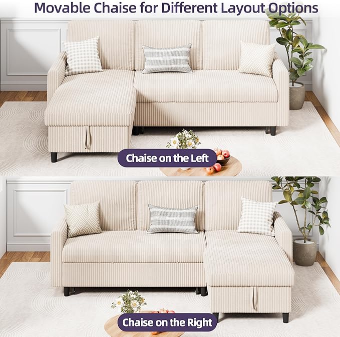 Shintenchi Sofa Couch, Pullout Sofa Bed,2 in 1 Pull Out Couch Bed with Storage Chaise for Living Room,Sleeper Sofa Couches Linen Sectional Sofa,White