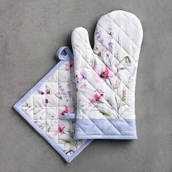 Maison d' Hermine 100% Cotton Oven Mitt & Pot Holder Set (7.5"x13" & 8"x8") Heat Resistant BBQ Cooking Gloves with Loop, Baking, Grilling, Kitchen, Handling Hot Pans Spring/Summer (Summer Floral)