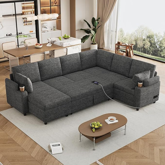 Ball & Cast 109.9" Sectional Sofa with Pull Out Bed, Chenille Upholstered Sleeper Sofa bed with Storage Chaise, Convertible U Shaped Couch with Two Cup Holders and Charging Ports for Living Room, Grey