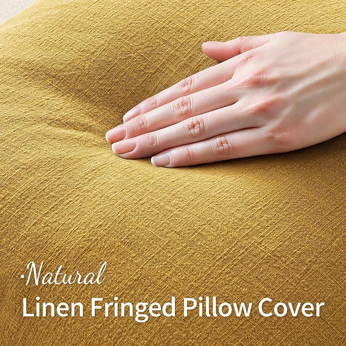 MIULEE Decorative Throw Pillow Covers Neutral Linen Fringe Throw Pillows Set of 2 Mustard Yellow Boho Farmhouse Cushion Covers with Tassels for Couch Sofa Bed Living Room Spring Home Decor 18x18 Inch