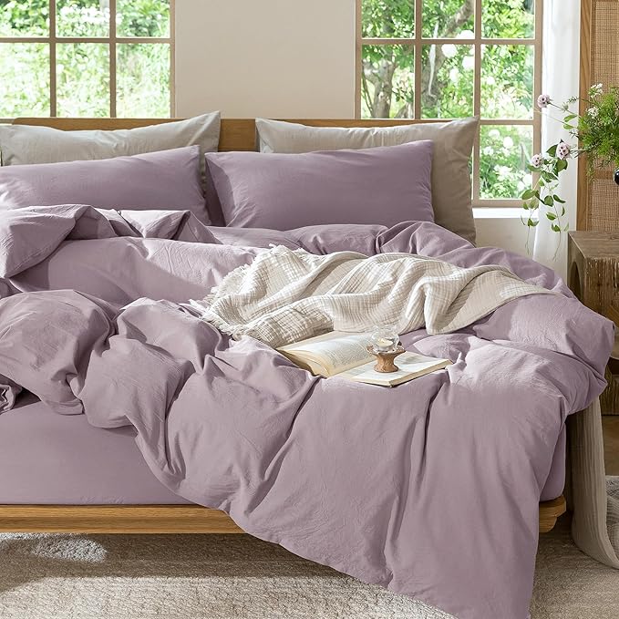 MooMee Bedding Duvet Cover Set 100% Washed Cotton Linen Like Textured Breathable Durable Soft Comfy (Solid Taro Purple, Cal King 104"x98")