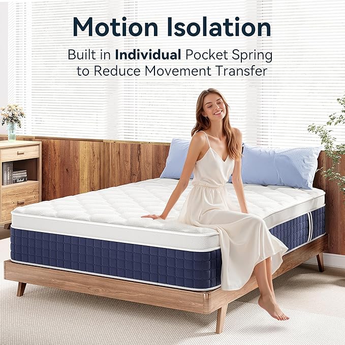 12 Inch Hybrid Queen Mattress in a Box, Gel Memory Foam, Individually Wrapped Springs, Medium Firm, Edge Support, Motion Isolation, Pressure Relief, CertiPUR-US Certified, Blue & White