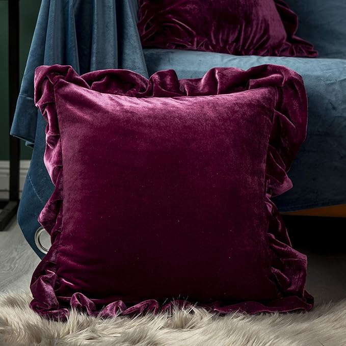 Velvet Throw Pillow Cover Soft Decorative Luxurious Solid Square Cushion Case for Sofa Couch Bedroom Farmhouse,Pack of 2, 18 x 18 Inches, Amaranth