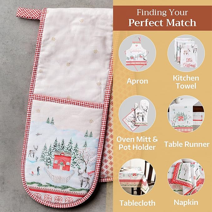 Maison d' Hermine Double Oven Mitt (7" x 35") 100% Cotton Heat Resistant BBQ Cooking Gloves with Loop for Thanksgiving Christmas Decorations Baking Cooking Barbeque Handling Hot Pan (Rural Christmas)