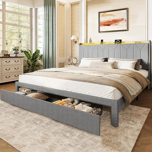 WLIVE King Size Upholstered Bed Frame with 2 Drawers, Linen Tufted Storage Headboard with Charging Ports and LED Light, Sturdy Metal & Wooden Slats Support, No Box Spring Needed, Light Grey