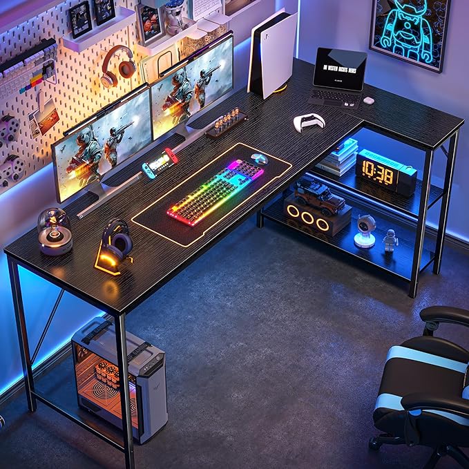 Huuger L Shaped Desk, 63 Inches Computer Desk with Reversible Storage Shelves, Gaming Corner Home Office Writing Study, Metal Frame, Black