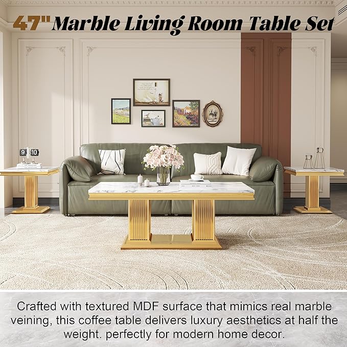 Luxury Living Room Coffee Table Set of 3, Marble Coffee Table and 2 End Side Tables, 3 Piece Living Room Table Set with Stainless Steel Base for Living Room, White Gold