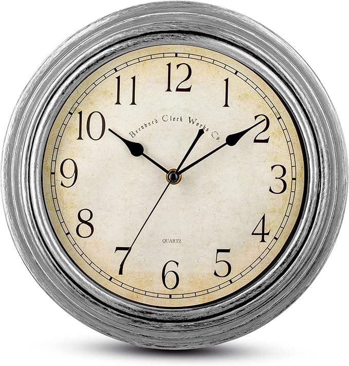 Bernhard Products Vintage Wall Clock Silent Non Ticking - 12 Inch Quality Quartz Battery Operated Decorative Silver Clock for Home Kitchen Living/Dining Room Office Decor, Easy to Read, Rustic