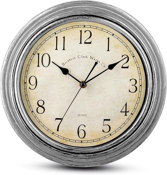Bernhard Products Vintage Wall Clock Silent Non Ticking - 12 Inch Quality Quartz Battery Operated Decorative Silver Clock for Home Kitchen Living/Dining Room Office Decor, Easy to Read, Rustic