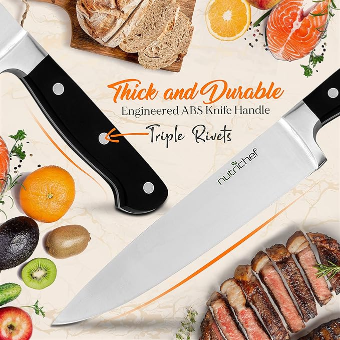 NutriChef 13-Piece Kitchen Knife Set with Wooden Block - Precision Crafted Stainless Steel Knives with Scissors & Built-In Sharpener - Lightweight, Durable, & Razor Sharp - Dishwasher Safe (NCKNS13)