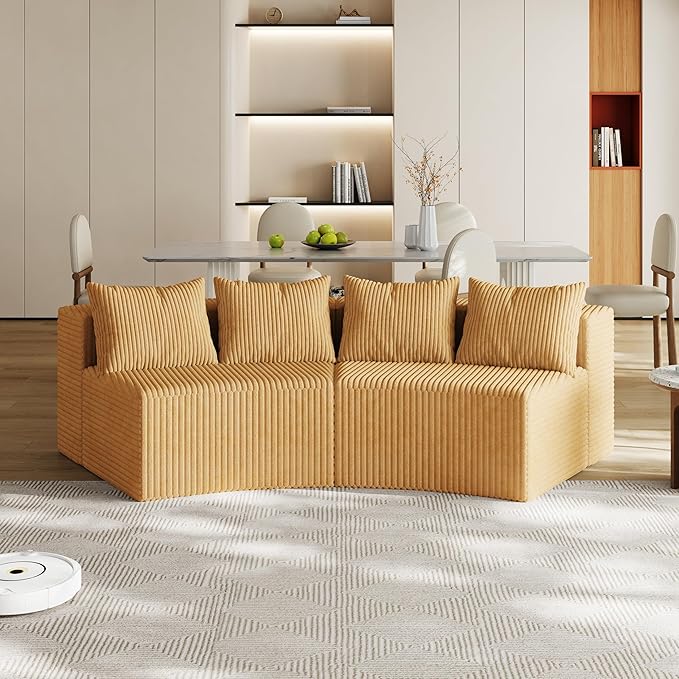 KEIKI Corduroy Curved Sectional Sofa, 2 Seater Symmetrical Modular Semi Circular Couch, Deep Seat Tufted Corner Sofa for Living Room, Lobby, Yellow