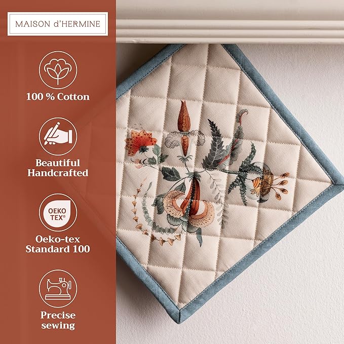 Maison d' Hermine Pot Holders Set 100% Cotton Heat Resistant Potholders 8" x 8" Hot Pads with Loop for Thanksgiving Christmas Decorations BBQ Cooking Baking Handling Hot Pans (Pack of 2, Dalida)