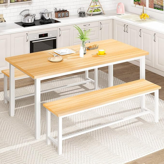 Lamerge Kitchen Table Set with 2 Benches 4 Person Dining Room Table Set for Home Kitchen, Dining Room, Restaurant, Space Saving, Beige, 43.3''L x23.6''W x28.5''H (43S)