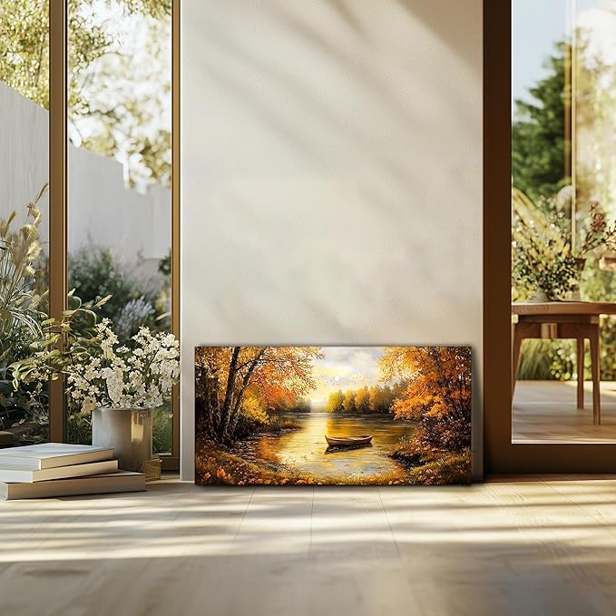 SERIMINO Fall Landscape Large Canvas Wall Art Living Room, Lake Boat Forest Art Prints, Autumn Scenery Nature Decor Pictures, Rustic Gold Paintings Wall Decor Bedroom, Office Decoration 20"X40"