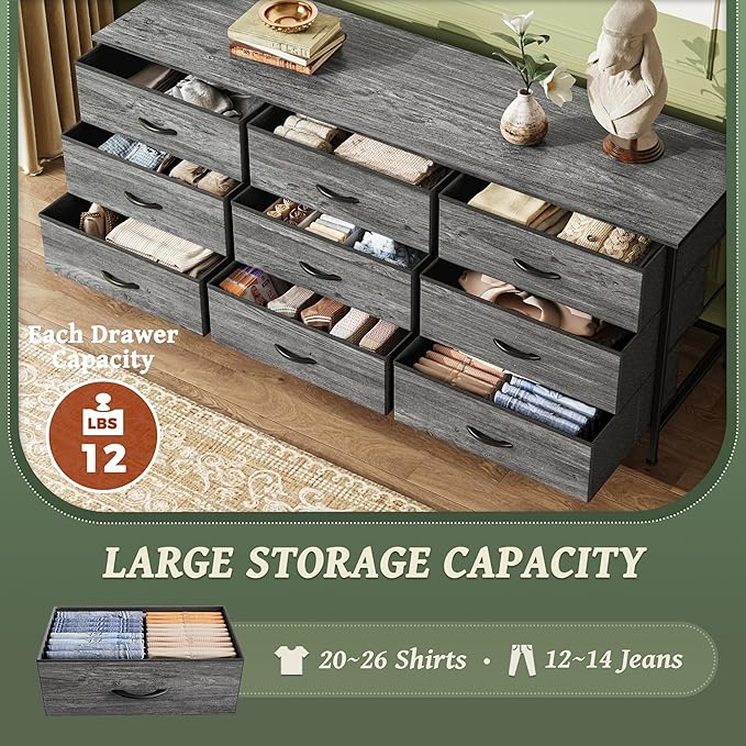 Huuger Long Dresser for Bedroom, 55 Inch TV Stand for 55, 60 Inch TV, Entertainment Center with Drawers, Large Storage Fabric 9 Drawer Dresser, Closet, Grey