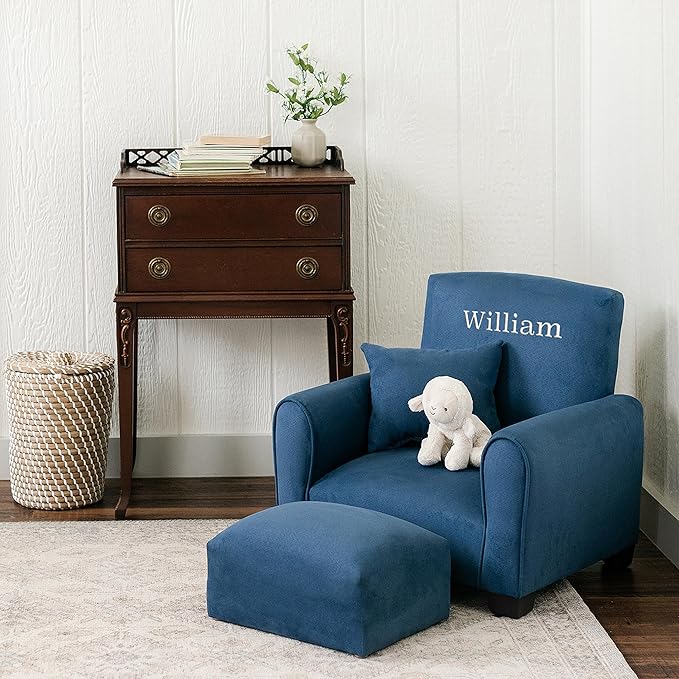 Toddler Personalized Armchair, Kids Upholstered Rocking Chair with Personalization, Toddler Chair with Personalized Name, Comfy Child Armchair, (Navy Suede, Rockers)