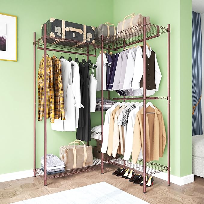 Xiofio 6 Tiers Heavy Duty Clothes Rack, Metal Clothing Rack,Clothing Storage Organizer,Garment Rack with Basket,Hanging Adjustable Garment Rack,65.0" L x 15.7" W x 76.0" H,Max Load 800LBS,Bronze