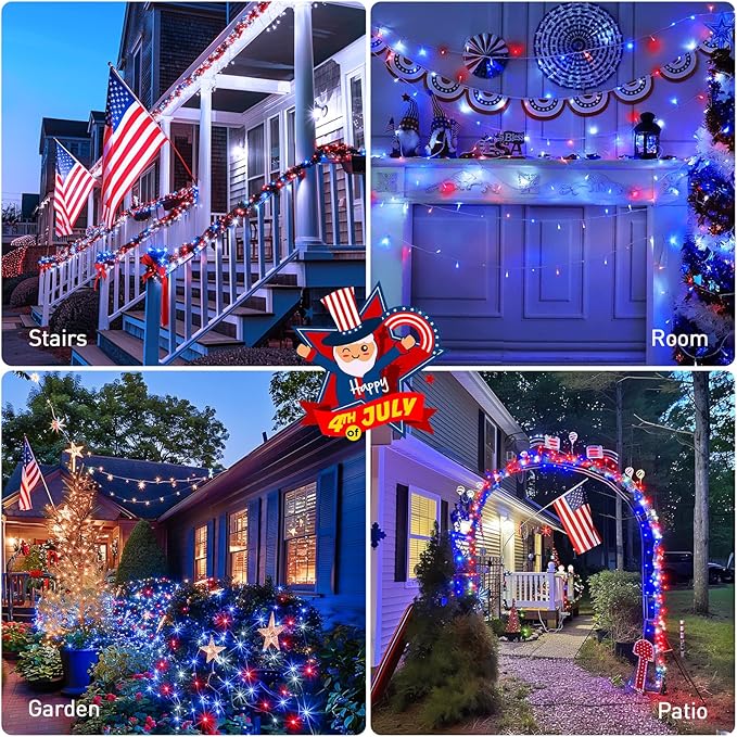 JMEXSUSS Red White and Blue Lights Clear Wire, 66 Ft 200 LED 4th of July Decorations String Lights Plug in, Christmas Light for Independence Day Celebration Party Memorial Day Patriotic Holidays Decor
