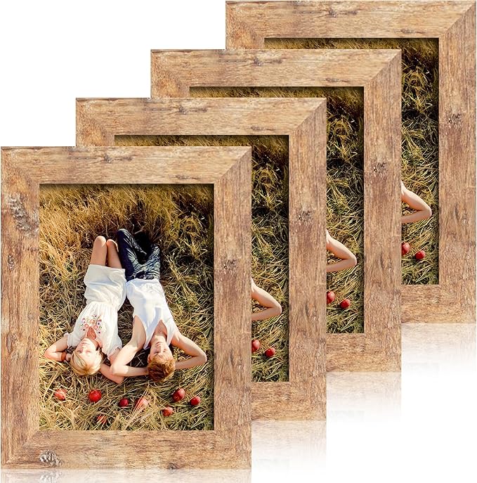 5x7 Picture Frame Set of 4, High Definition Real Glass Rustic Brown Frame, 5 x 7 Photo Frames for Tabletop Display and Wall Mounting