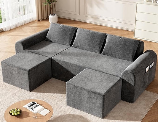 86.6” Cloud Boneless Sectional Sofa for Living Room, 3-Seater Modular Couch for Small Apartments with 2 Ottomans, Deep Seat Chenille Fabric Sofa, No Assembly Required, 72H Full Restore, Grey