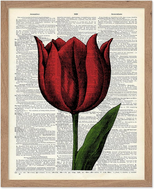 Poster Master Dictionary Art Poster - Tulip Print - Red Flower Art - Floral Art - Gift for Men, Women & Florist - Minimal Decor for Living Room, Bedroom, Dorm or Flower Shop, 11x14 Beige Framed