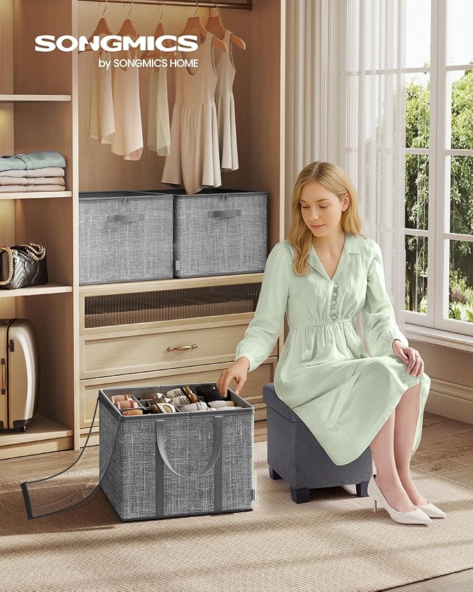 SONGMICS Shoe Organizer for Closet, Fits 16 Pairs, Shoe Storage Bin, Fabric Container with Handles and Clear Cover, for Bedroom, Entryway, Closet, Cattail Gray ULSP601G01