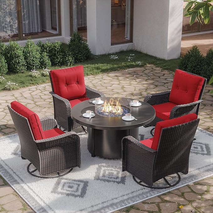 Kurapika 5 Pieces Patio Furniture Set, Rattan Wicker Outdoor Conversation Sets, 4 Woven Rattan Swivel Chairs w/48in Propane Fire Pit Table and Thickened Cushions, Red