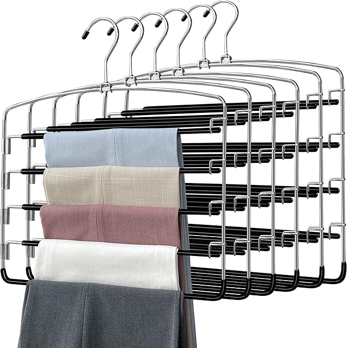 Pants Hangers 6 Pieces,5 Tier Closet Organizers and Storage Clothes Hangers,Hangers Space Saving with Swing Arm,Multiple Metal Hanger Clothes Organization for Pants Trousers Jeans Leggings Slacks