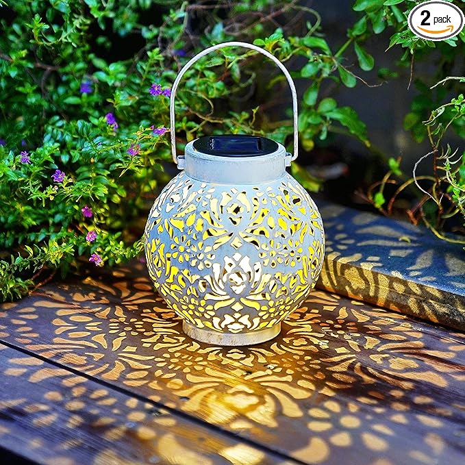 Outdoor Solar Hanging Lantern Lights Metal LED Decorative Lamp for Garden Patio Courtyard Lawn and Table with Hollowed-Out Design (White)
