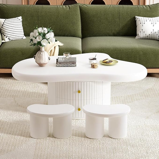WILLIAMSPACE 38.2" Cloud Coffee Table Set of 3, Modern Irregular Shape Coffee Table with 2 Drawers & 2 Small Stools, Storage Center Table Accent Side End Table for Living Room Apartment, White