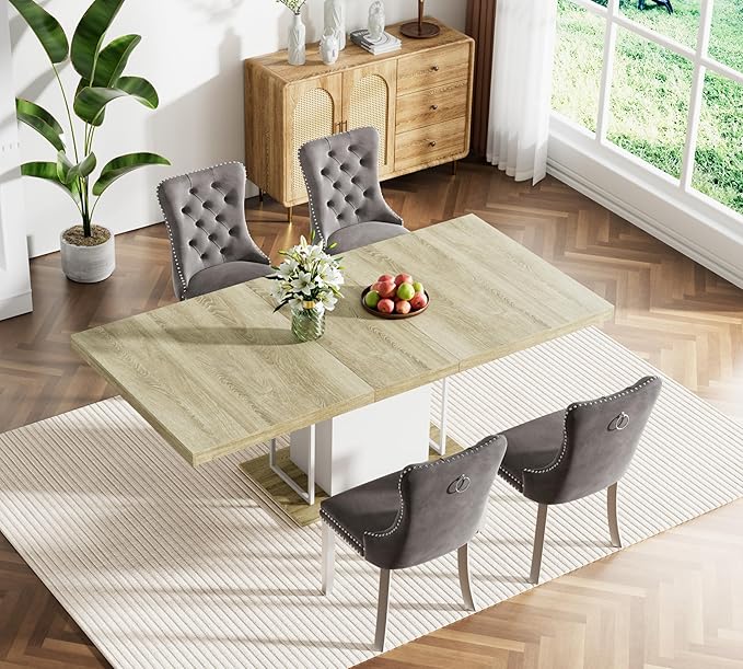 Goujxcy 78.7" Farmhouse Extendable Dining Room Table Set for 4, 5-Piece Rectangle Kitchen Dining Room Table Set with Wood Base and 4 Grey Velvet Dining Chairs, Extending Kitchen & Dining Table Set