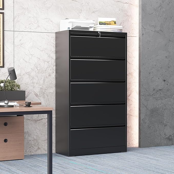 5 Drawer Lateral File Cabinet with Lock, Metal File Cabinets for Home Office, Steel Heavy-Duty Filing Storage Cabinet for Letters/Legal/A4 (Require Assembly, Black)