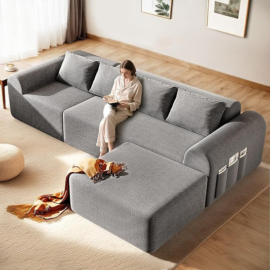 105.5” Cloud Boneless Sectional Sofa for Living Room, L-Shaped 4-Seater Modular Couch with Ottoman & 4 Pillows, Deep Seat Chenille Fabric Sofa, No Assembly, 72H Full Restore, Light Grey