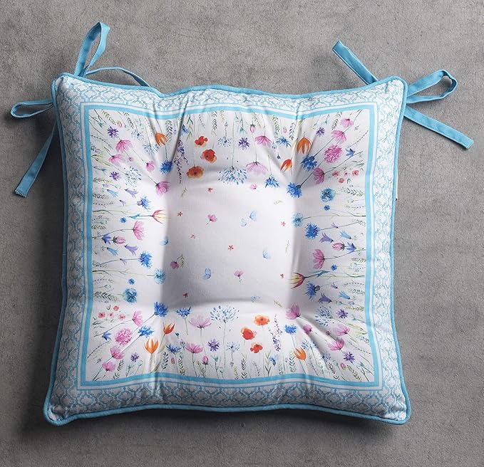 Maison d' Hermine Chair Pads for Dining Chairs Cotton Outer Fabric and Poly Filling 16"x16" Patio Seat Cushions for Furniture with Ties Home Chair Party Hall Farmhouse (Flower In The Field, Pack of 2)