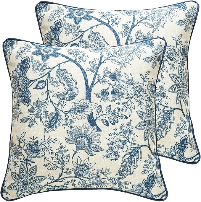 Design Linen Square Throw Pillow Covers 18"x18" Pack of 2, French Country Cushion Covers with Blue Toile de Jouy Floral Pattern Decoration Pillowcases for Bed, Living Room, Outdoor, Car