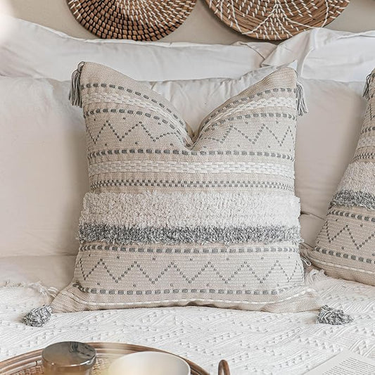 Gray Decorative Throw Pillow Cover 18x18 Square Boho Neutral White Accent Pillowcase Tassels Farmhouse Cushion for Couch Sofa Bedroom Living Room Home Décor (Cover ONLY, Pack of 1)
